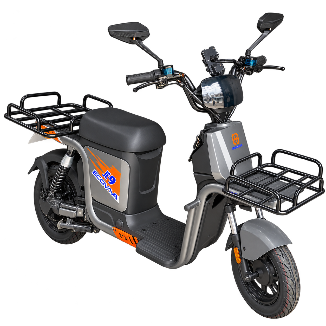 Ecoviva JE-9 cinza com bagageiros dianteiro e traseiro