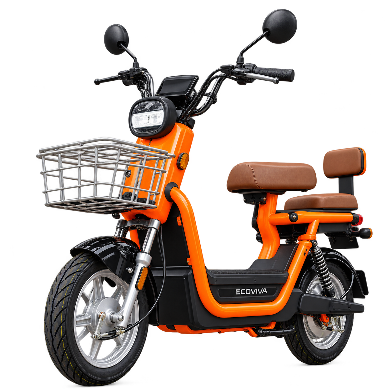 Ecoviva JE-17 laranja com cesta dianteira e bancos marrons