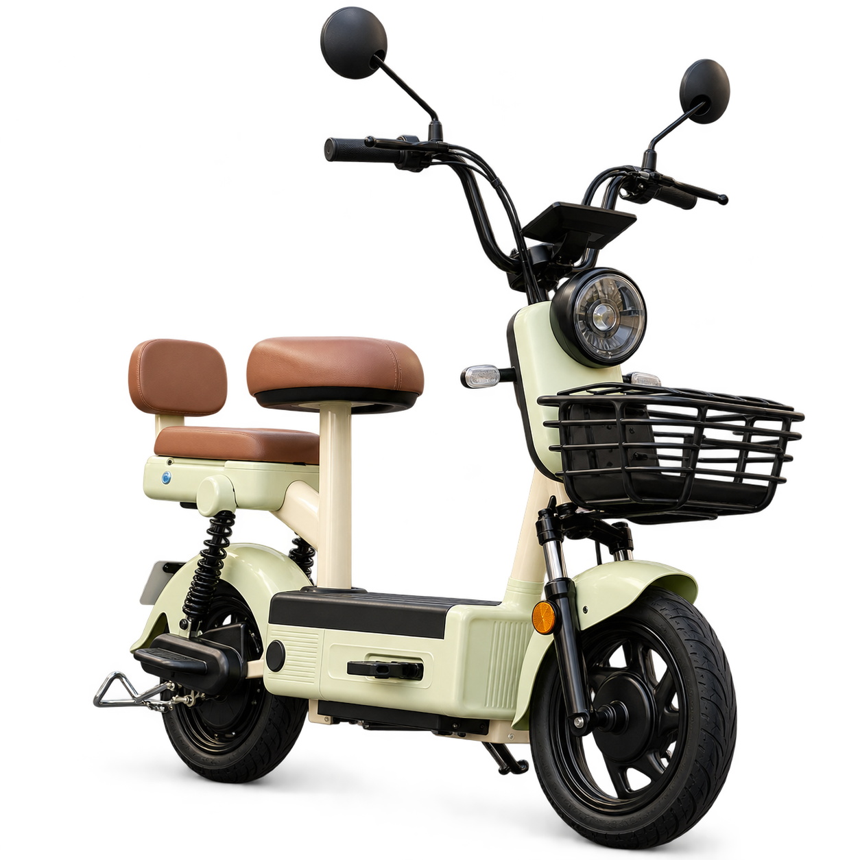 Ecoviva JE-8b clara com cesta dianteira e bancos marrons