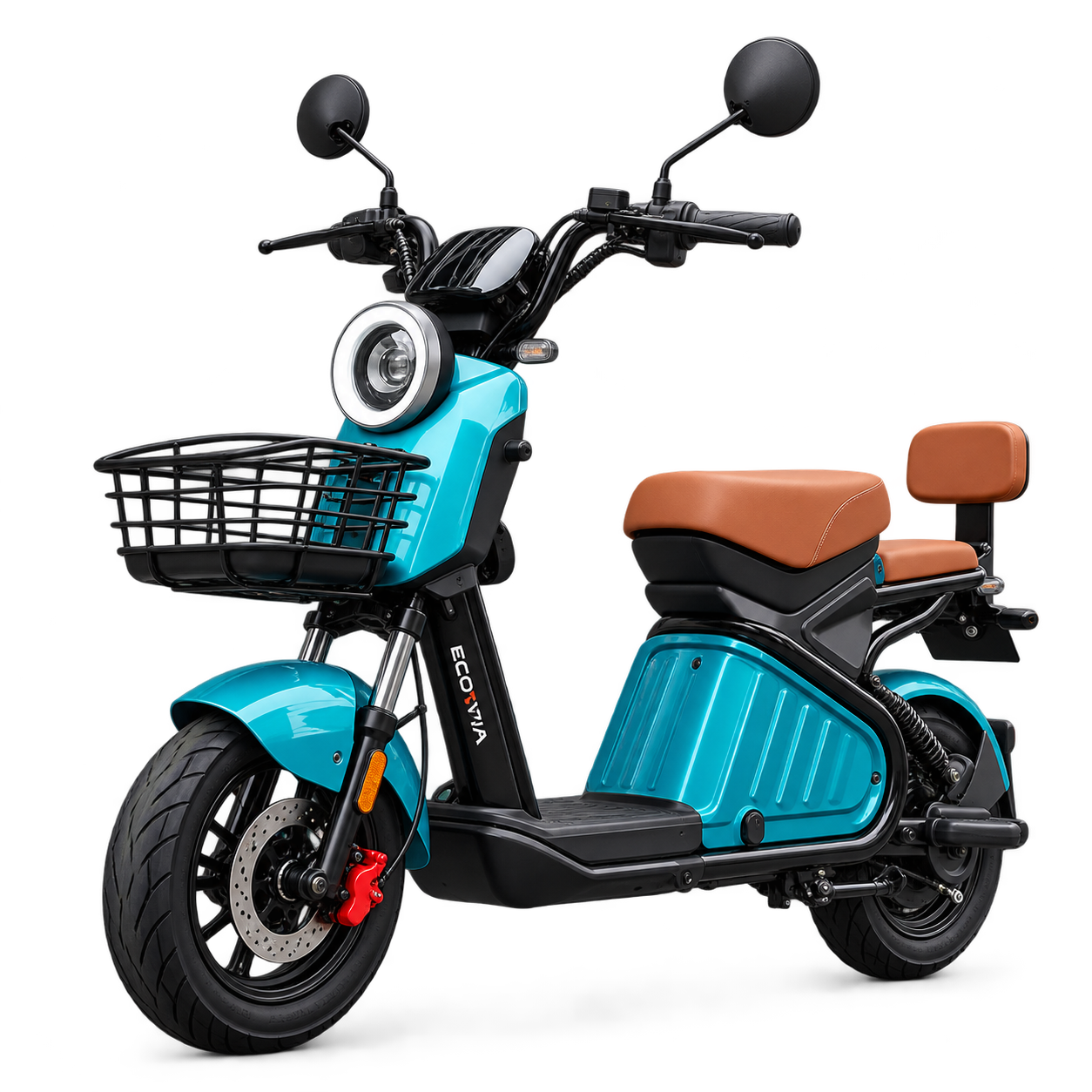 Ecoviva JE-2 azul com bancos marrons e cesta dianteira