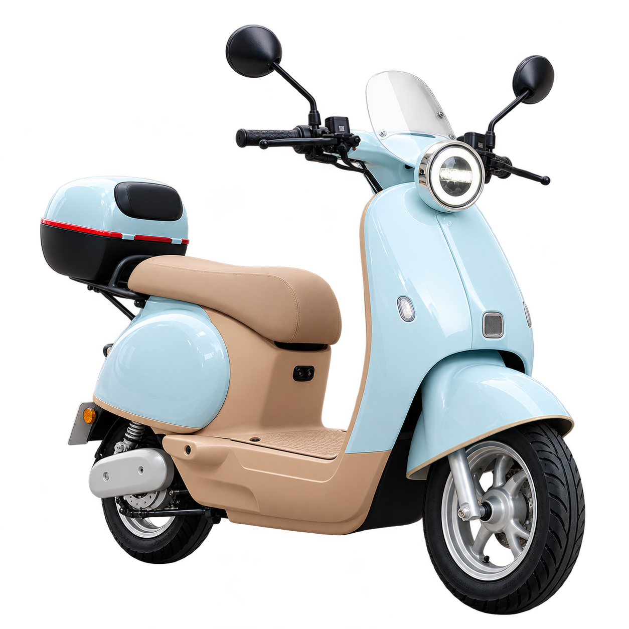 Ecoviva BE-5 azul-clara com banco bege e baú traseiro