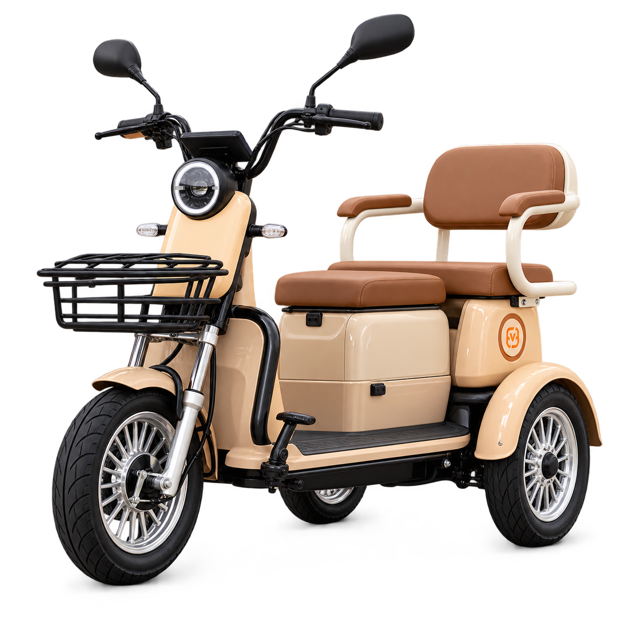 Triciclo elétrico Ecoviva XE-11 bege com cesta dianteira